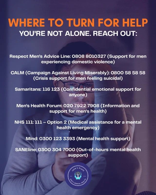 When you’re struggling, knowing where to turn can feel like another hurdle.

You don’t have to wait until you reach breaking point to ask for help. Whether you need someone to listen, practical advice or support through a crisis, there are organisations ready to help.

Save this post so the information is there if you ever need it, and share it in case someone else does too.

Asking for help is a sign of strength. You are not alone.

#MensMentalHealth #YouAreNotAlone #MentalHealthSupport #JacksPlace